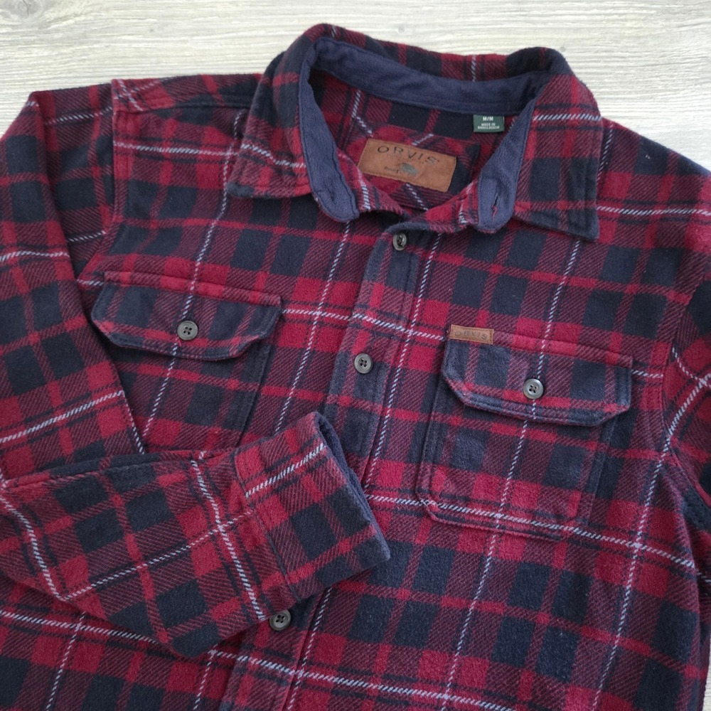 Orvis Flannel Shirt Red Navy Blue Plaid Cotton Button Down Mens Medium
